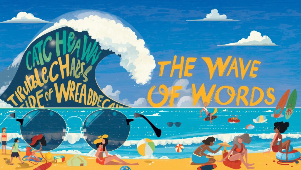Ride the Wave of Words with These Beach Idioms 2 Lucid Origin A vibrant and stylized graphic illustration of a 2