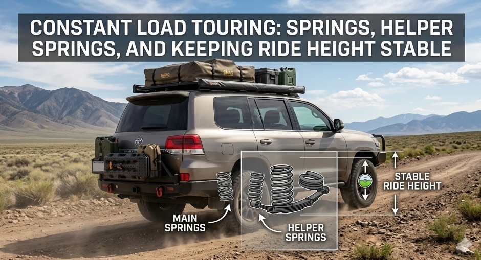 A 4WD with a load while arrows are demonstrating springs and stable ride height.